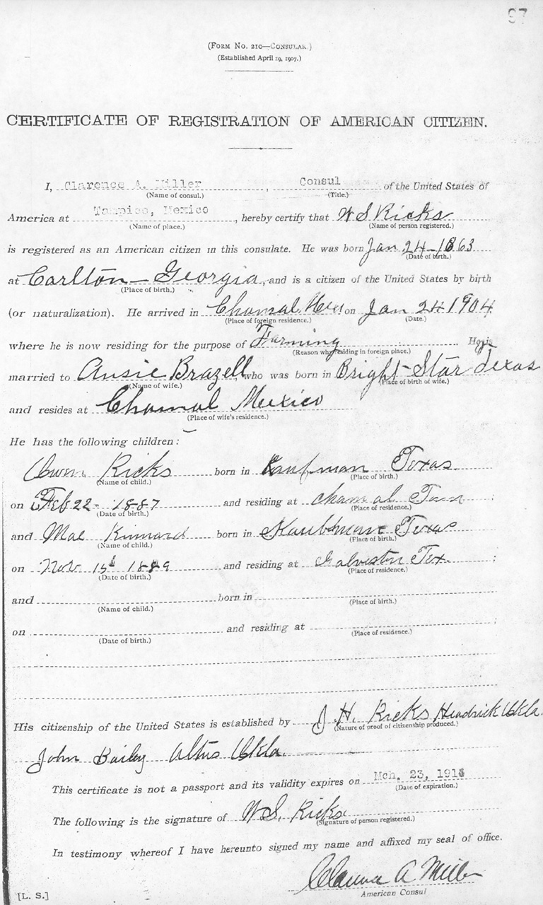 W. S. Ricks 1913 Certificate of Registration of American Citizen