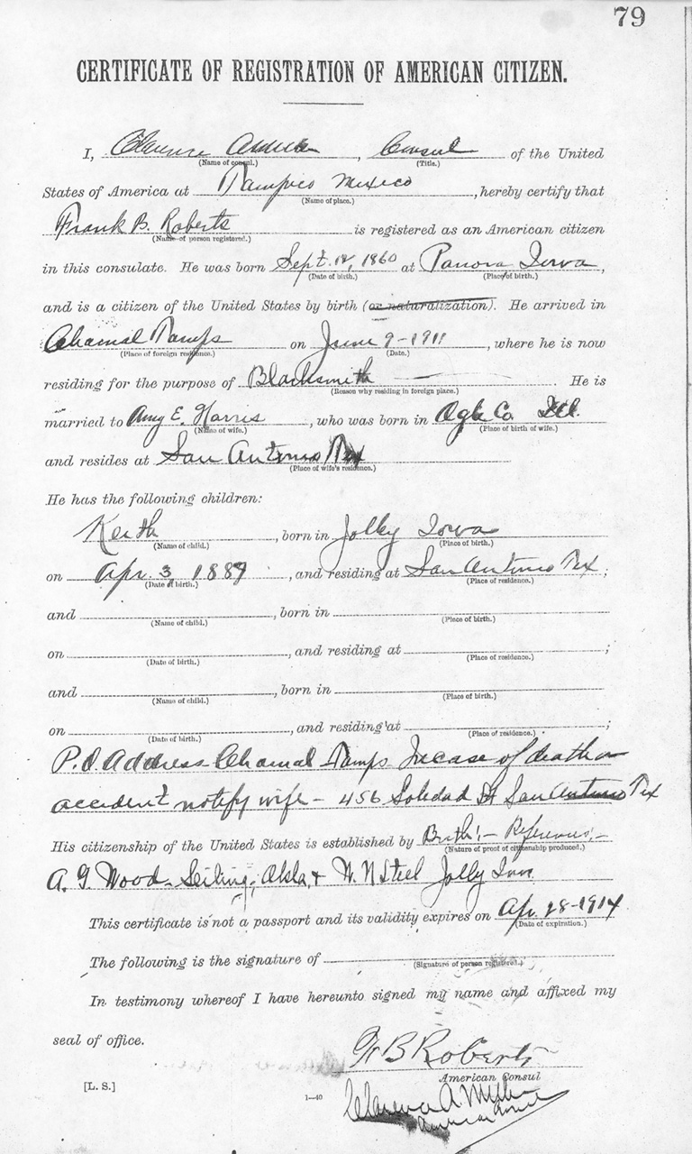 Frank B. Roberts 1913 Certificate of Registration of American Citizen