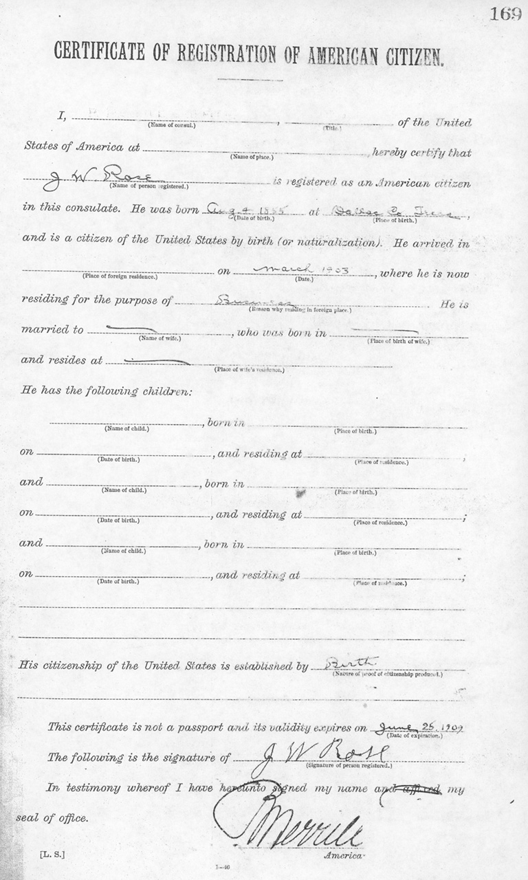John Rose 1908 Certificate of Registration of American Citizen