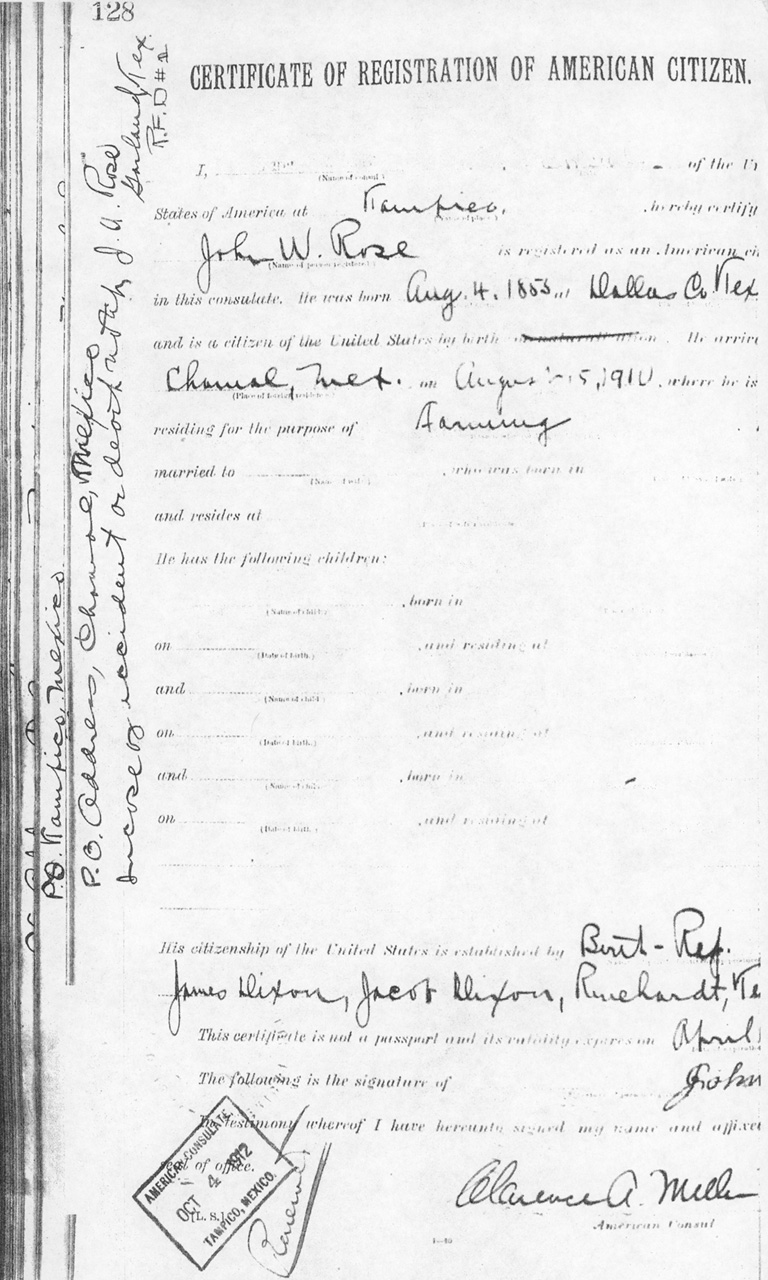 John Rose 1911 Certificate of Registration of American Citizen