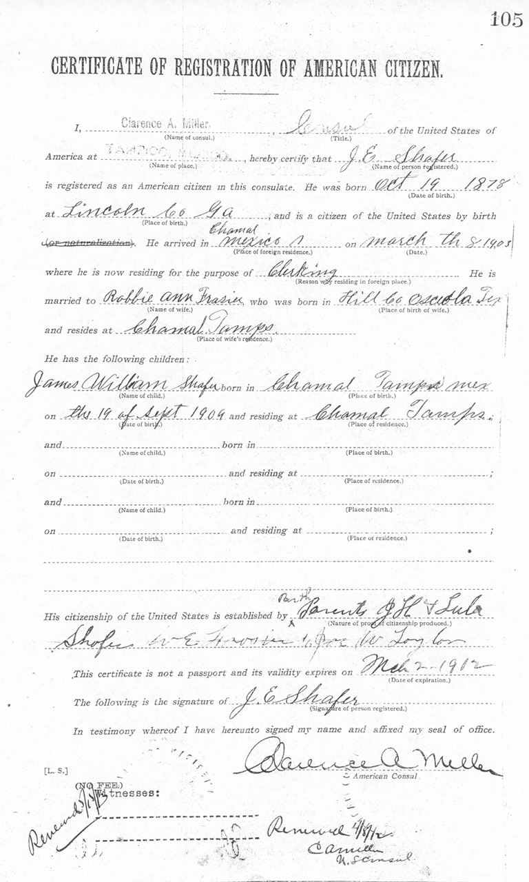 J. E. Shafer 1911 Certificate of Registration of American Citizen