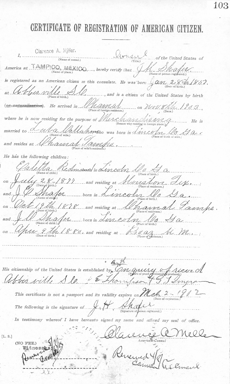 J. H. Shafer 1911 Certificate of Registration of American Citizen