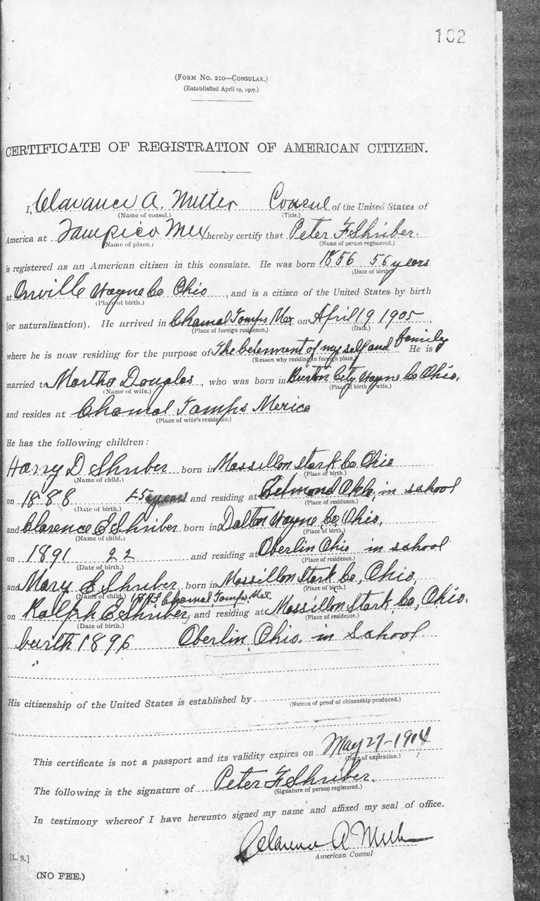 Peter F. Shriber 1913 Certificate of Registration of American Citizen