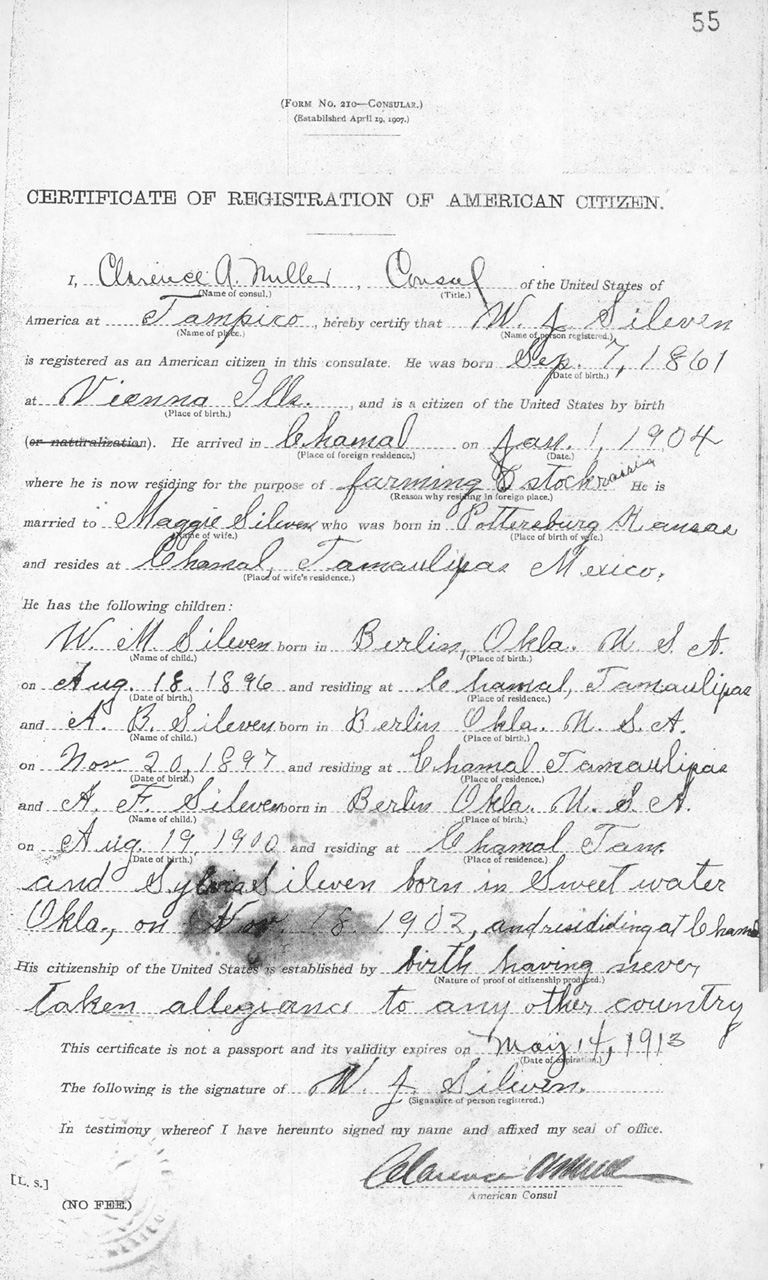 W. J. Sileven 1912 Certificate of Registration of American Citizen