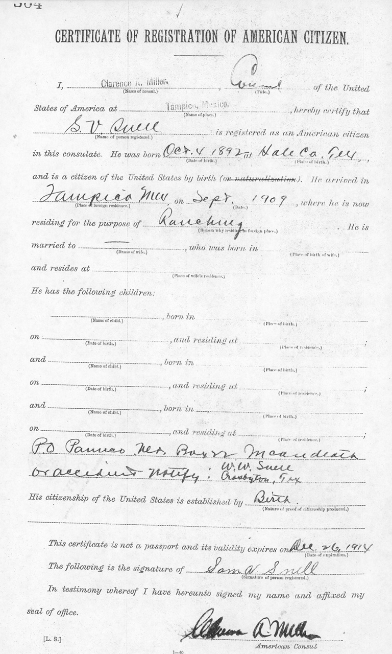 S. V. Snell 1913 Certificate of Registration of American Citizen