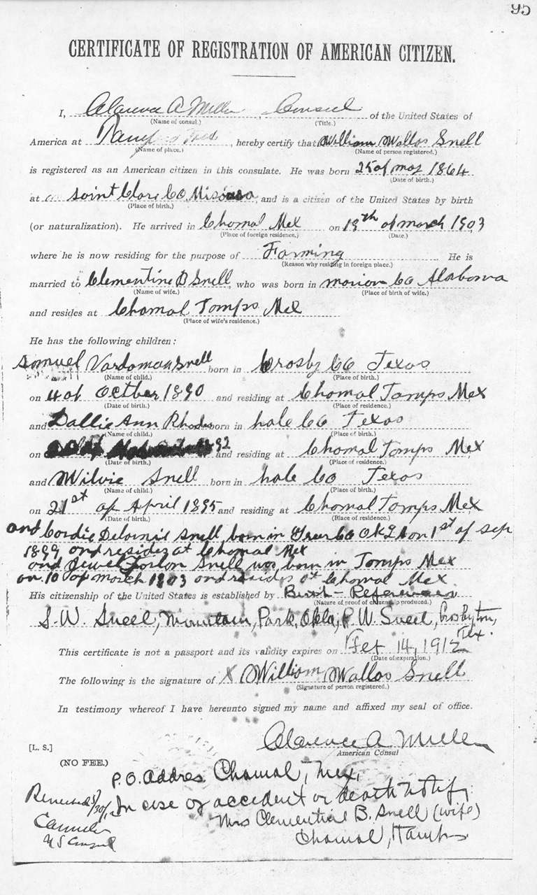 W. W. Snell 1911 Certificate of Registration of American Citizen