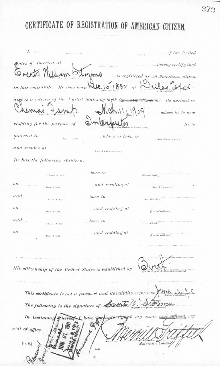 Everets Storms 1909 Certificate of Registration of American Citizen