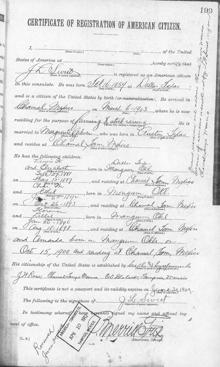 J. L. Sweet 1908 Certificate of Registration of American Citizen