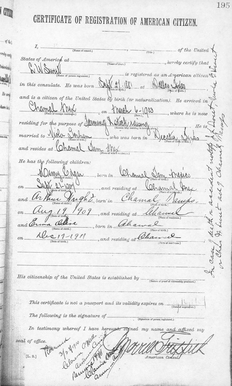 Lewis W. Sweet 1908 Certificate of Registration of American Citizen