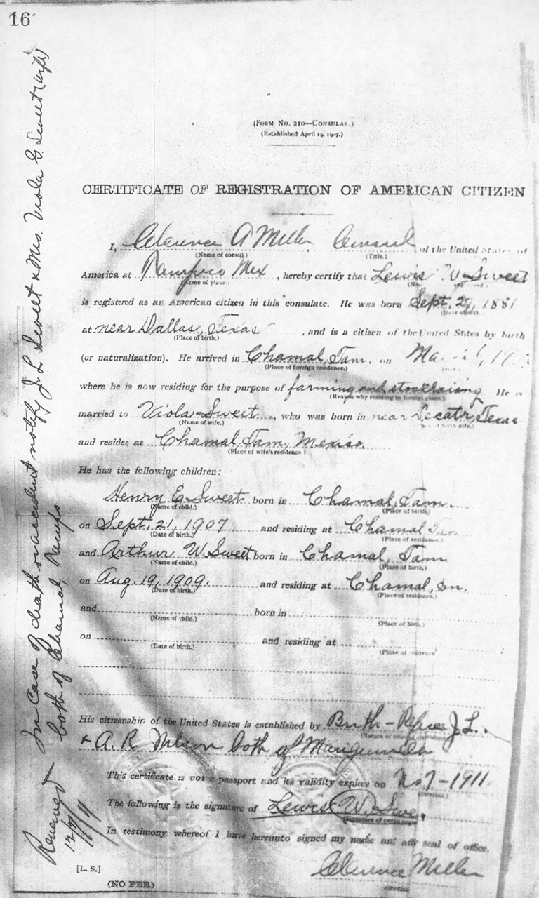 Lewis W. Sweet 1910 Certificate of Registration of American Citizen