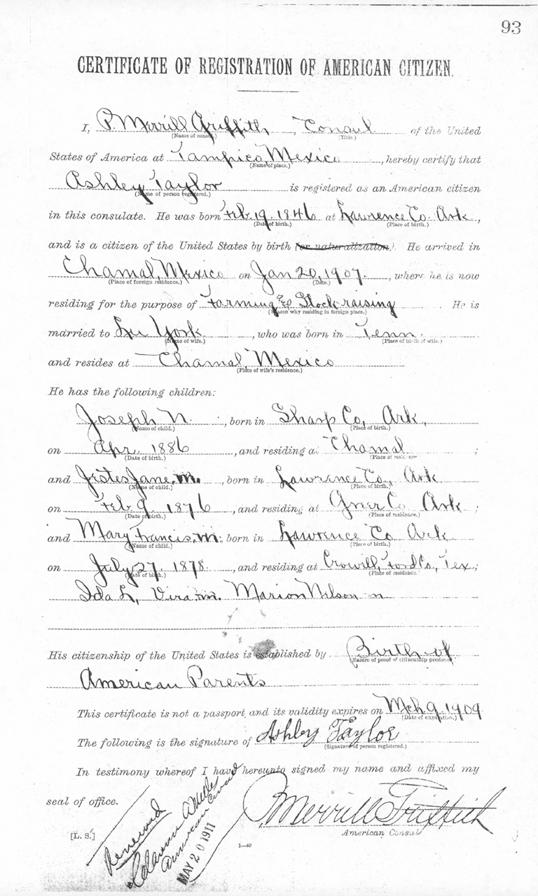 Ashley Taylor 1908 Certificate of Registration of American Citizen