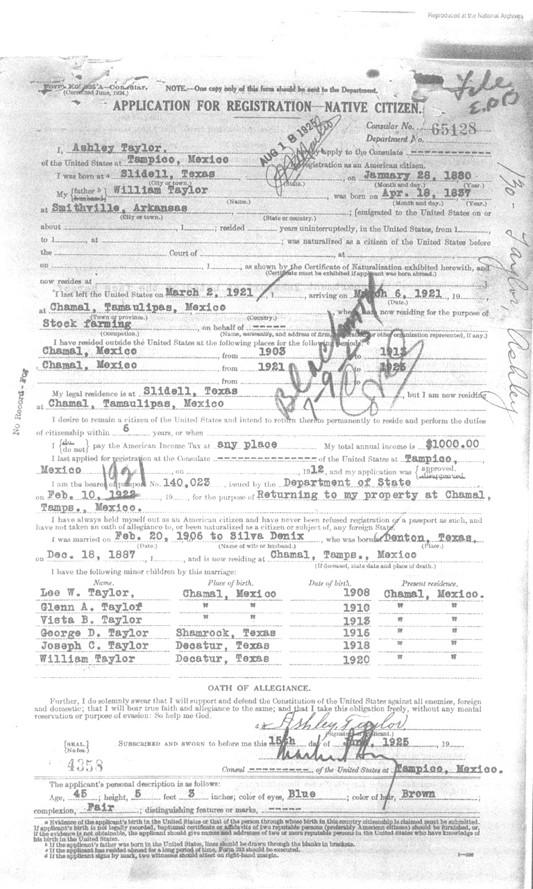 Ashley Taylor 1925 Certificate of Registration of American Citizen