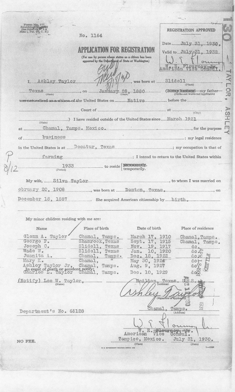 Ashley Taylor 1930 Certificate of Registration of American Citizen