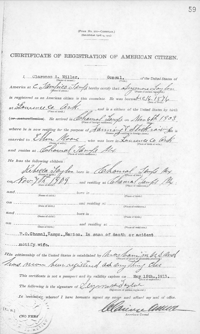 Seymour Taylor 1912 Certificate of Registration of American Citizen