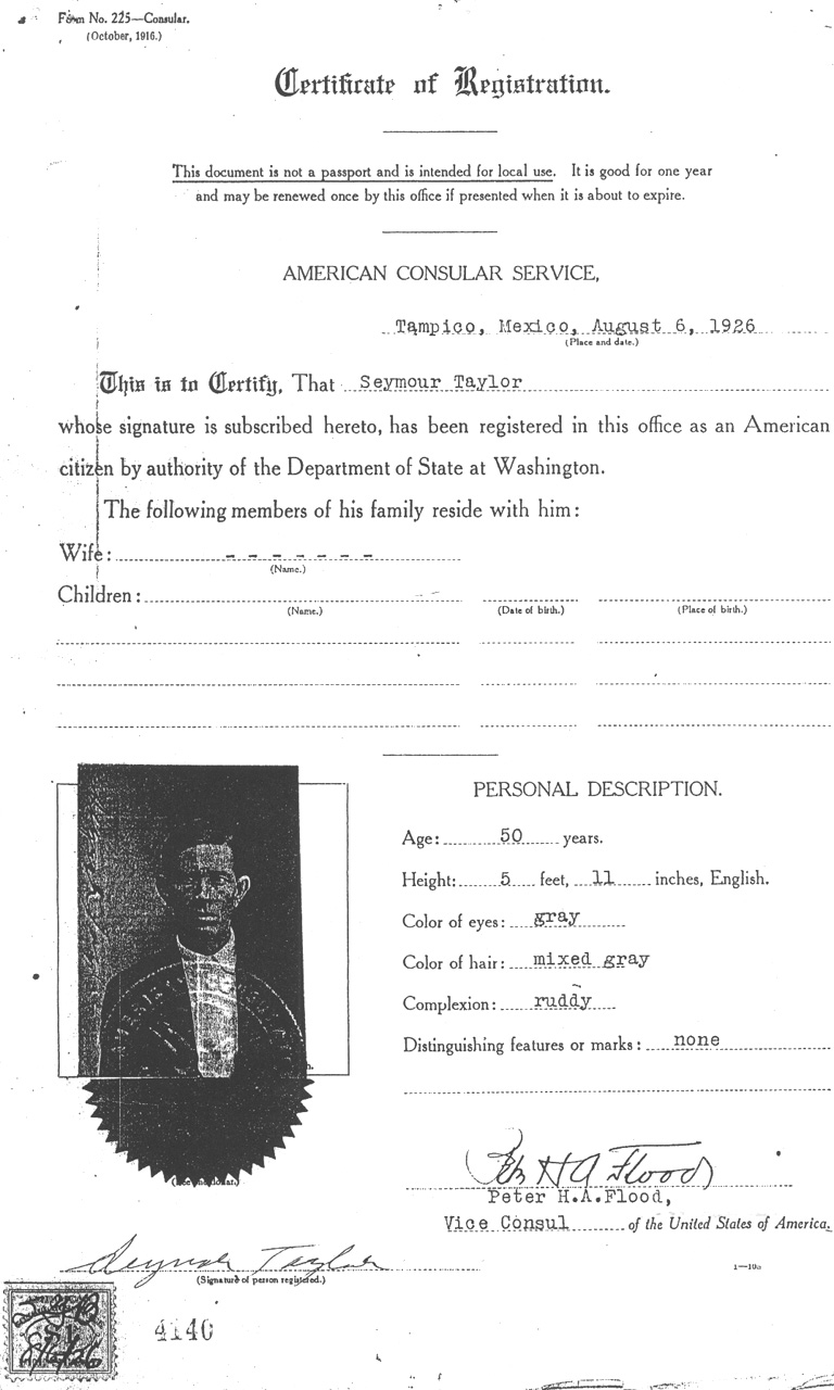 Certificate of Registration of American Citizen: Seymour Taylor 1926
