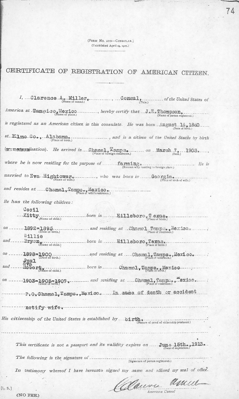 J. E. Thompson 1912 Certificate of Registration of American Citizen