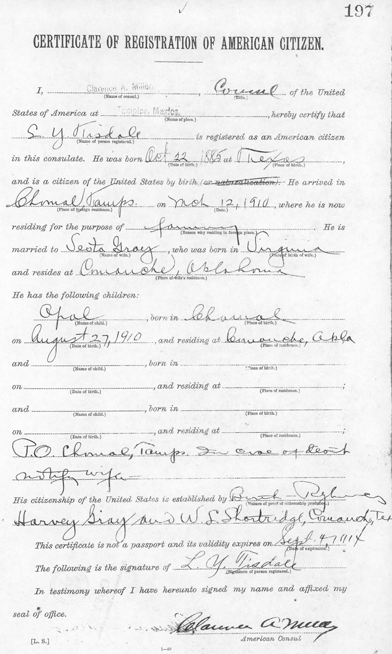 L. Y. Tisdale 1912 Certificate of Registration of American Citizen