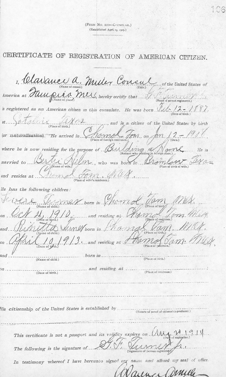 George F. Turner Jr. 1913 Certificate of Registration of American Citizen