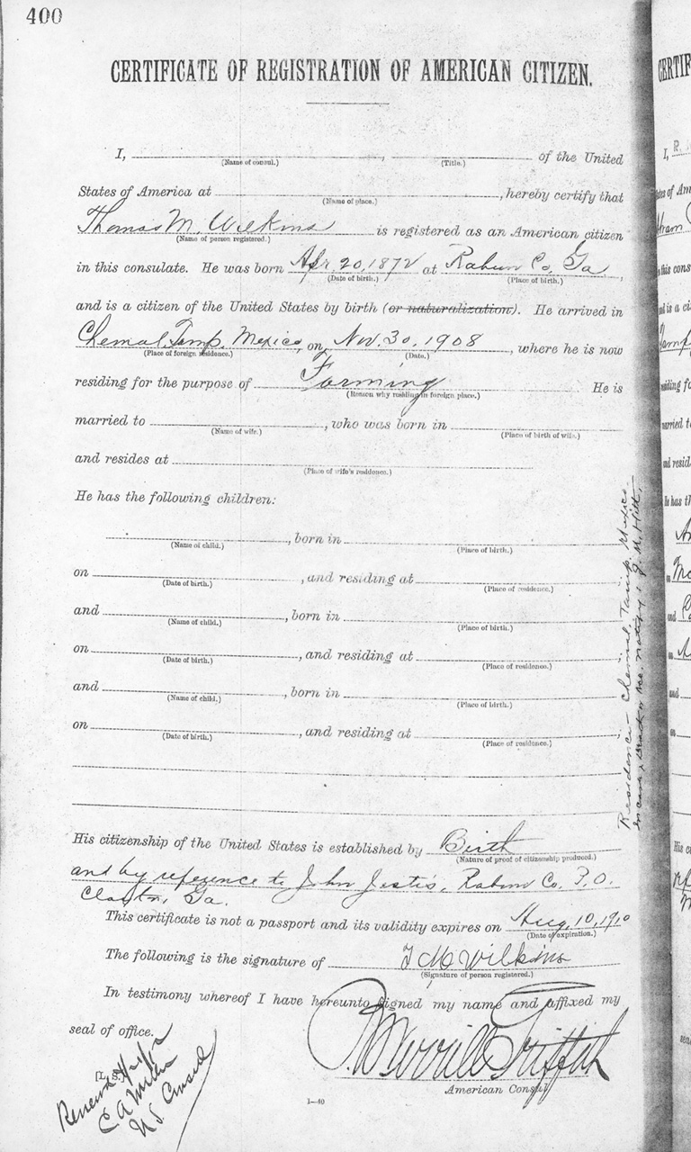 Thomas A. Wilkins 1909 Certificate of Registration of American Citizen
