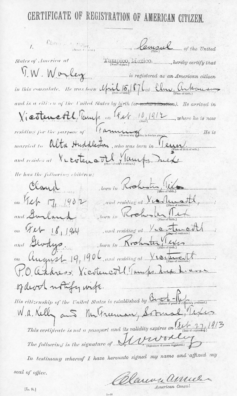 T. W. Worley 1912 Certificate of Registration of American Citizen