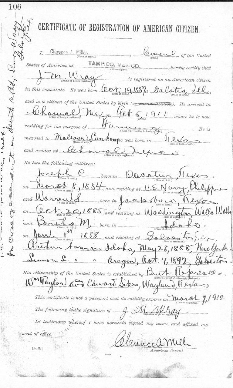 J. M. Wray 1911 Certificate of Registration of American Citizen