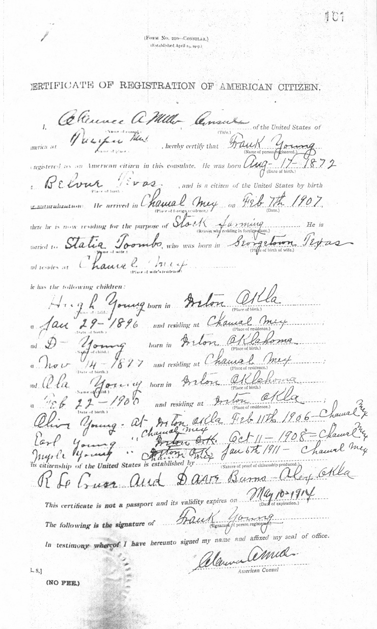 Frank Young Certificate of Registration of American Citizen 1913