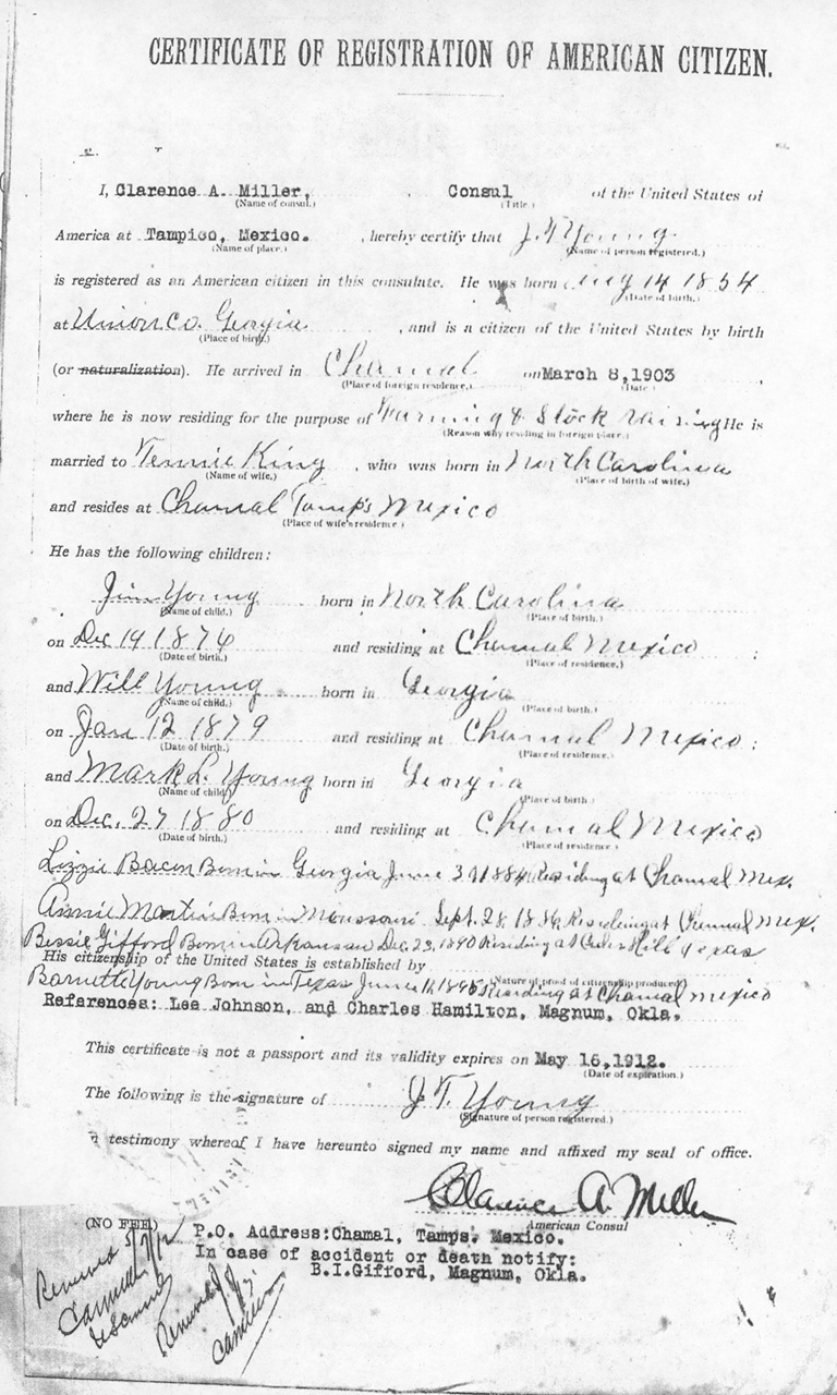 J. T. Young 1911 Certificate of Registration of American Citizen