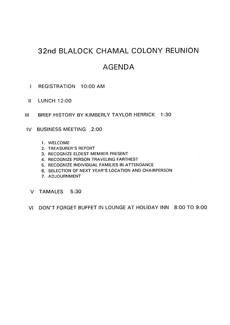 1992 Chamal Colony Reunion Agenda