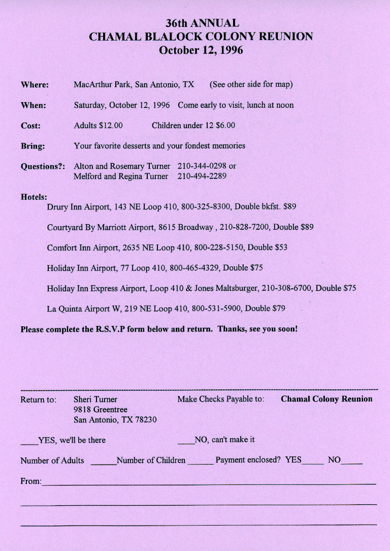 1996 Chamal Blalock Colony Reunion Invitation