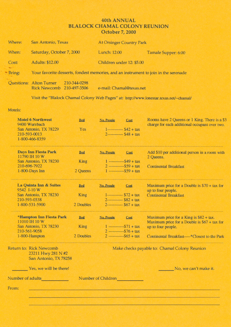 2000 Chamal Blalock Colony Reunion Invitation