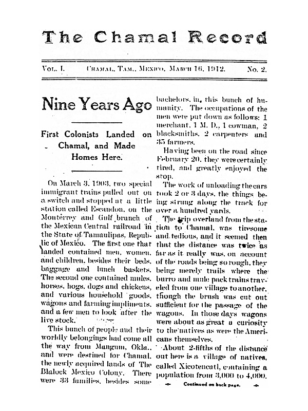 CHAMAL RECORD March 16, 1912, Vol 1 No 2 p 1