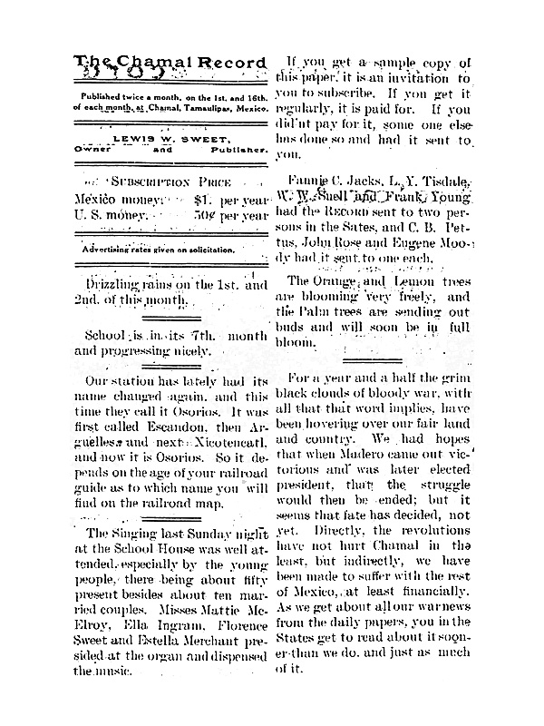 CHAMAL RECORD March 16, 1912, Vol 1 No 2 p 2