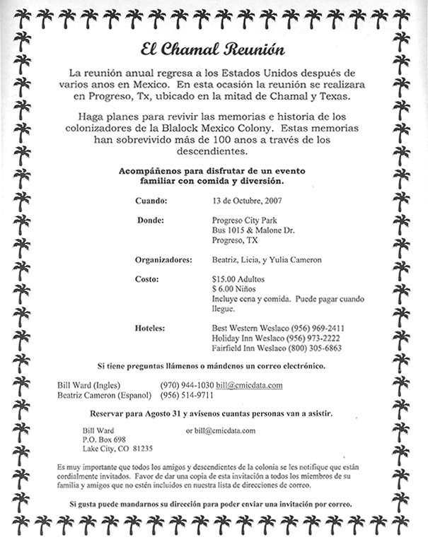 2007 Chamal Blalock Colony Reunion Invitation Spanish